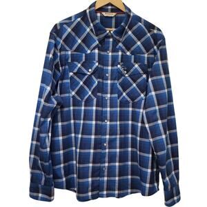 SIMMS Western Style Full Pearl Snap Shirt Plaid Long Sleeve Blue Men's Large